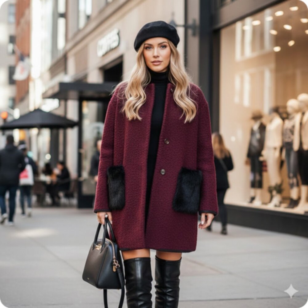 EUC Ter de Caractere burgundy woven coat with black trim & faux fur accents, 6